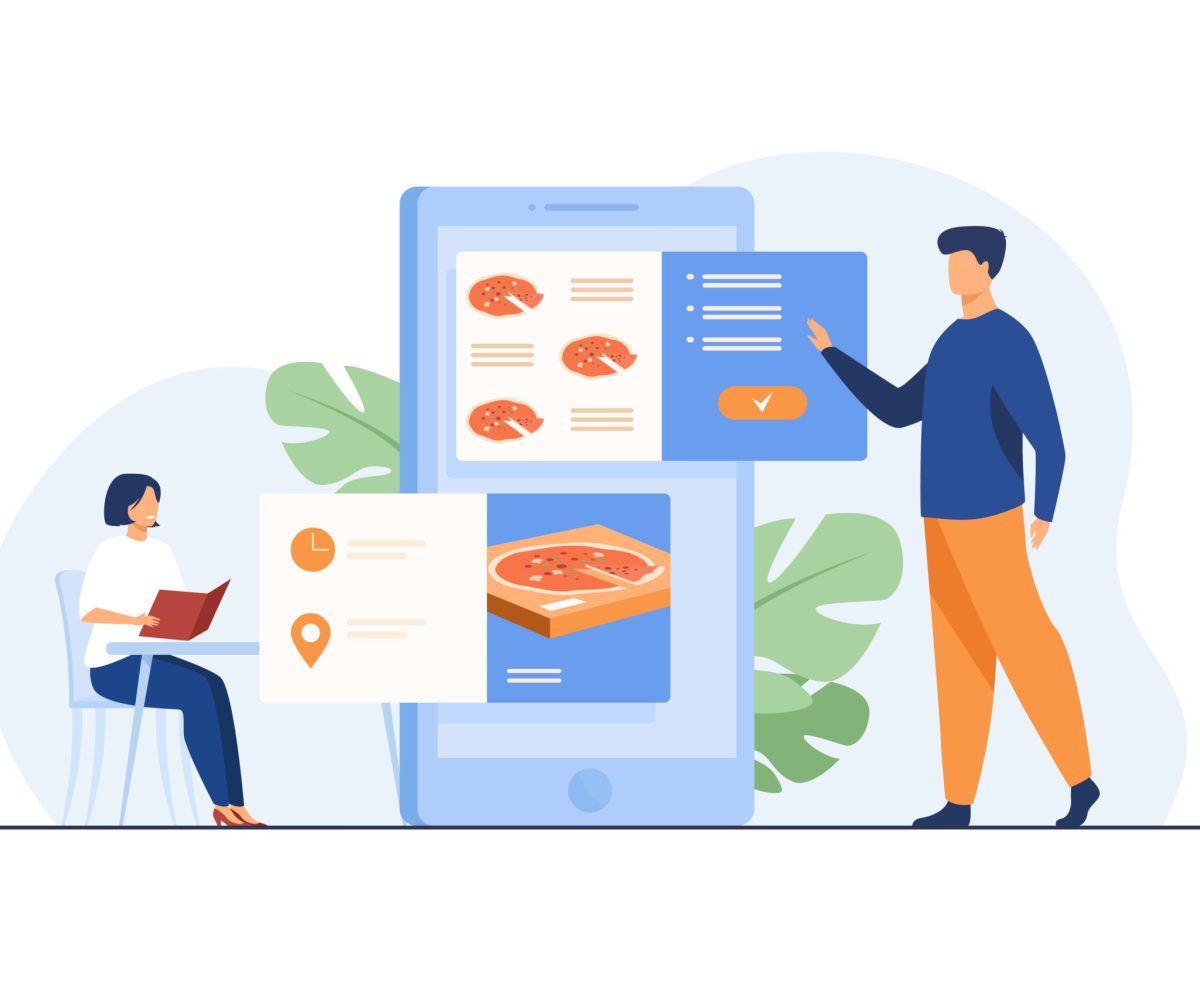 People ordering food in cafe and online People ordering food in cafe and online. Man using mobile app and choosing pizza for delivery. Vector illustration for application, restaurant service, fast food concept